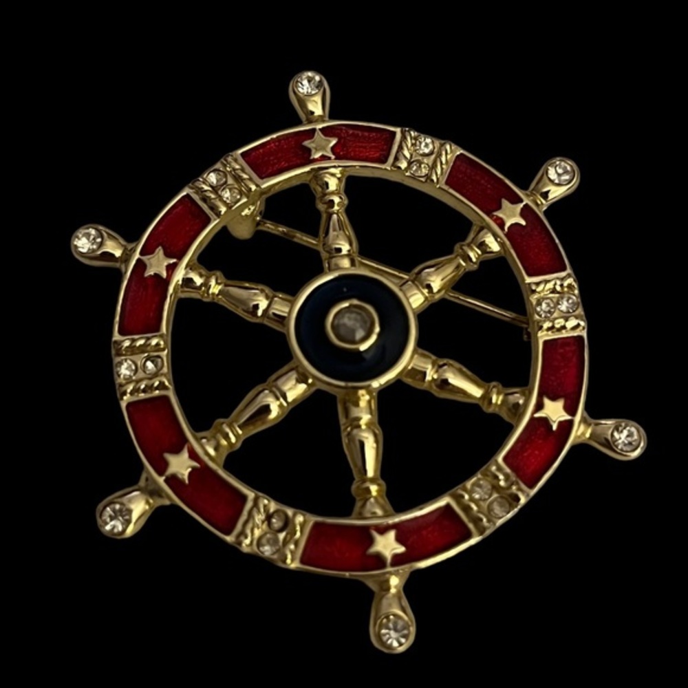 Vintage Danecraft Red Blue‎ Enamel Gold Tone Ships Wheel Pin